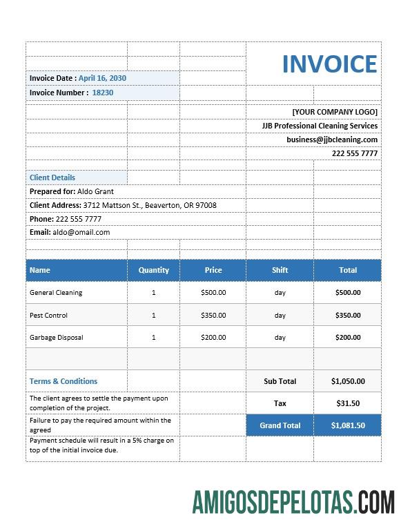 realista Modelo de fatura de serviço de limpeza comercial